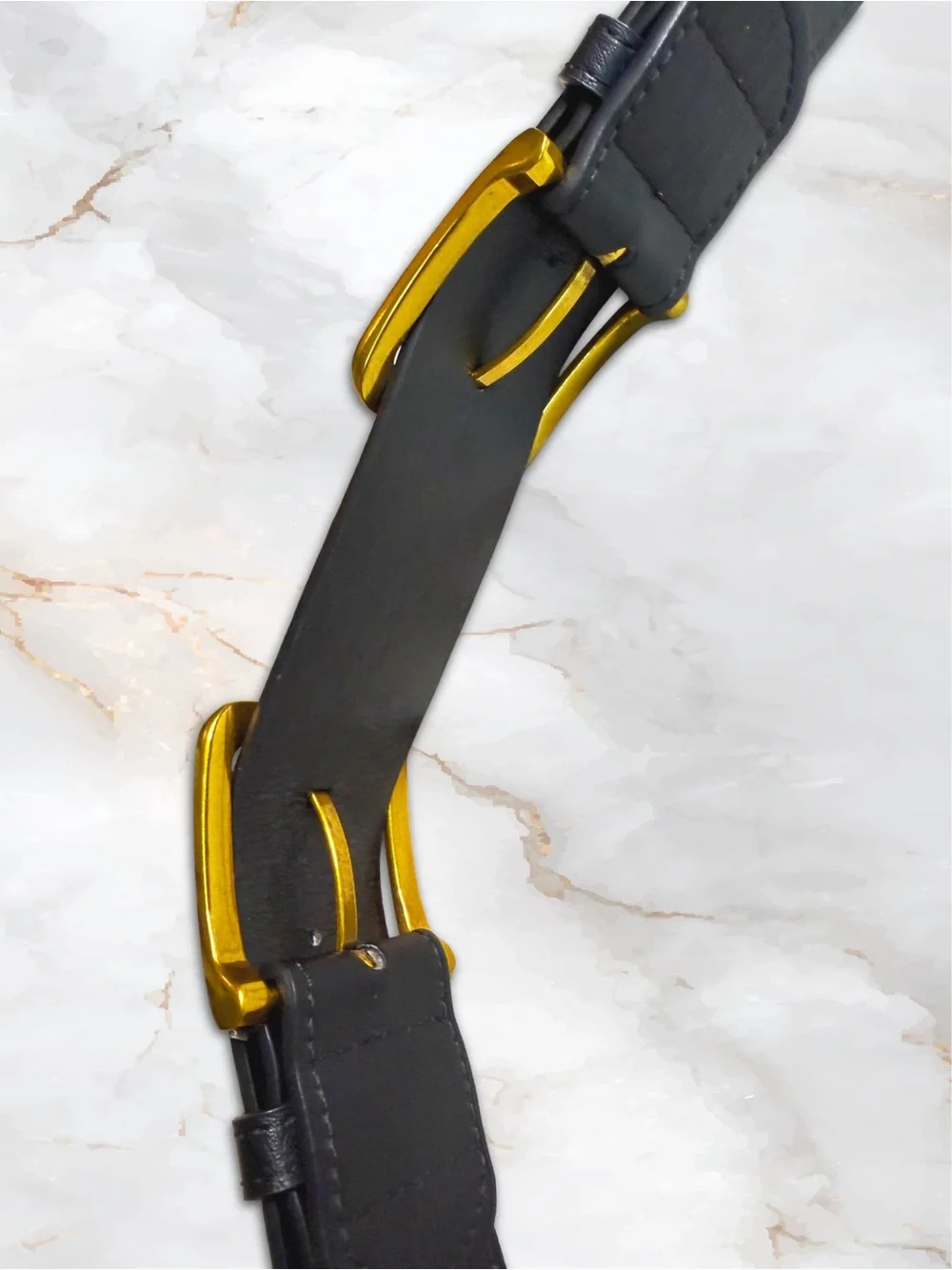 Black Waist Belt for Dressed with Gold Double Buckles in Faux Leather & Elastic